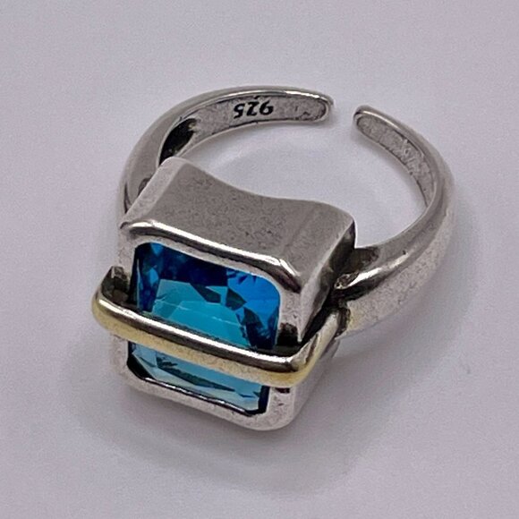 Adjustable 925 Silver Large Faux Blue Zircon w/ Gold Tone Metal Strap Ring #1303 - Picture 3 of 12